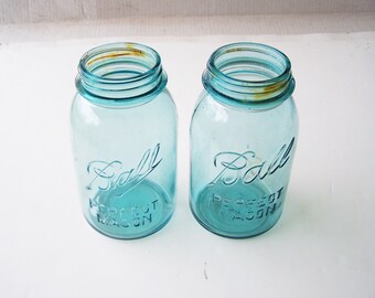 Vintage Ball Perfect Mason Jars Lot of Two, Blue Glass Quart Jars, Retro Canning Jars, Farmhouse Decor, Old Ball Jars