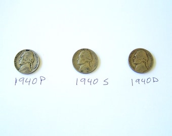 Zestaw trzech monet Jefferson Nickel z 1940 r. D, S i P, kolekcjonerskie, amerykański sprzedawca, zabytkowe monety pięciocentowe, prezent urodzinowy, zabytkowe monety pięciocentowe