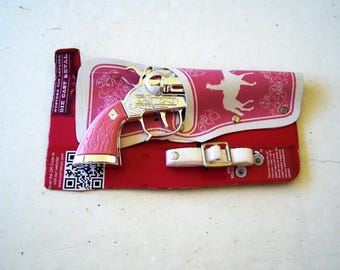 Replika pistoletu kapiszonowego Halco Vintage Western Toy, różowy pistolet kapiszonowy, sprzedawca z Ameryki, zabytkowy pistolet zabawkowy i kabura, metalowy pistolet zabawkowy z odlewu ciśnieniowego, pistolet kapiszonowy