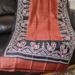 CLEARANCE Vintage Boho Pure Hand Woven Vegan Silk Hand Embroidered Peacocks on Brown Stole, Scarf, Wrap, Shawl Chuppah XL, Over-sized