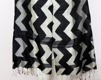 SALE Boho, Silver and Black, Unisex, Pure Silk, Vintage, Hand Printed Chevron Motifs, Stole, Scarf, Wrap, Shawl Table Runner Bed Runner
