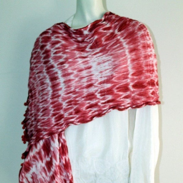 CLEARANCE Vintage, Boho, Handcrafted Red and White Tie-Dye Shibori, Wrinkled Stole, Scarf, Wrap, Shawl, Extra Large, Over-sized