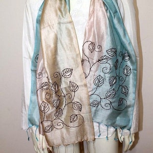 CLEARANCE Vintage, Boho, Blue, Finest Quality Pure Silk , Hand Embroidered in Floral Vine Motifs, Stole, Scarf, Wrap, Shawl, Dupatta