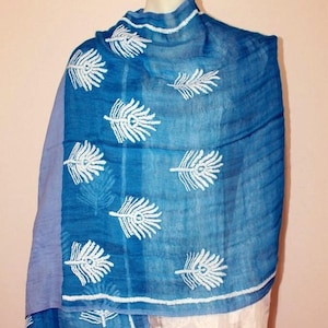 CLEARANCE Vintage, Boho, Blue and White Hand Embroidered in Peacock Feather Motifs, Linen Stole, Scarf, Wrap, Shawl, Extra Large, Over-sized