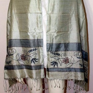 CLEARANCE Vintage, Boho, Green, Pure Fine Silk, Ombre Hand Dyed, Hand Embroidered in Floral Motifs, Stole, Scarf, Wrap, Shawl