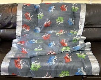 Multicolored Printed Leaves with Silver Shimmering Wide Border on Long Edges, Soft, Gray Organza Fabric