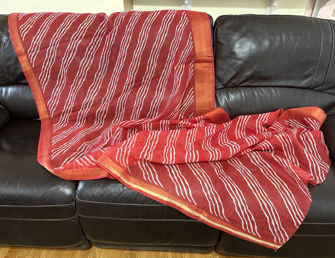 Red Cotton With Gold Borders on Hand Loom Cotton Fabric Cut Piece Use