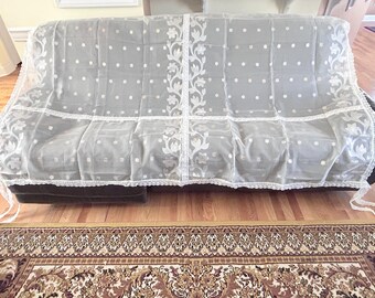 8.2 feet x 7.3 feet, Gorgeous Organza Silk, Handwoven Ivory with White Copper Tree of Life Motifs Lace Ties Chuppah Covering