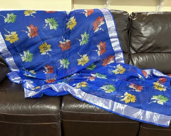 Multicolored Printed Leaves with Silver Shimmering Wide Border on Long Edges, Soft, Organza Fabric