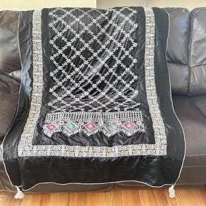 Luxurious Black Velvet and Satin Embroidered Floral Motifs Shawl Wrap with Tassels