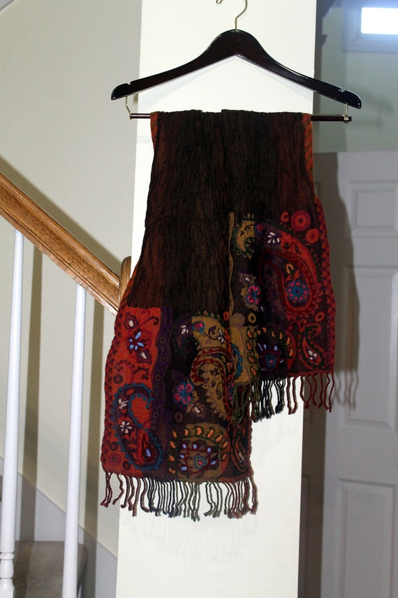 100% Pure Soft Wool Hand Embroidered Muffler, Reversible, Stole, Scarf, Paisley Motifs, Table Runner, Bed Runner Hand Knotted Fringes
