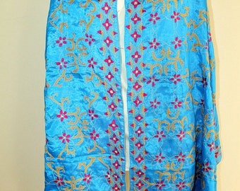 CLEARANCE Vintage, Boho, Blue, Satin, Hand Embroidered in Floral Motifs, Stole, Scarf, Wrap, Shawl, Extra Large, Over-sized