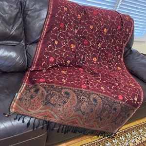 Burgundy, Pure wool, Floral Embroidered, Soft Stole Shawl Wrap Muffler Wrap with Woven Borders and Tassels