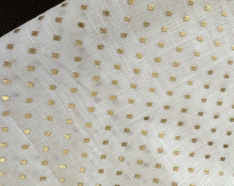 Soft Pure Cotton Fabric with Embossed Gold Polka Dots and Eyelash Fringe - use for scarf, wrap, bridal veil, hijab