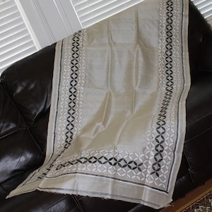 CLEARANCE Vintage Elegant Pure Handwoven Vegan Silk Hand Embroidered Floral Border Off-White, Stole, Scarf, Wrap, Shawl Chuppah, Extra Large