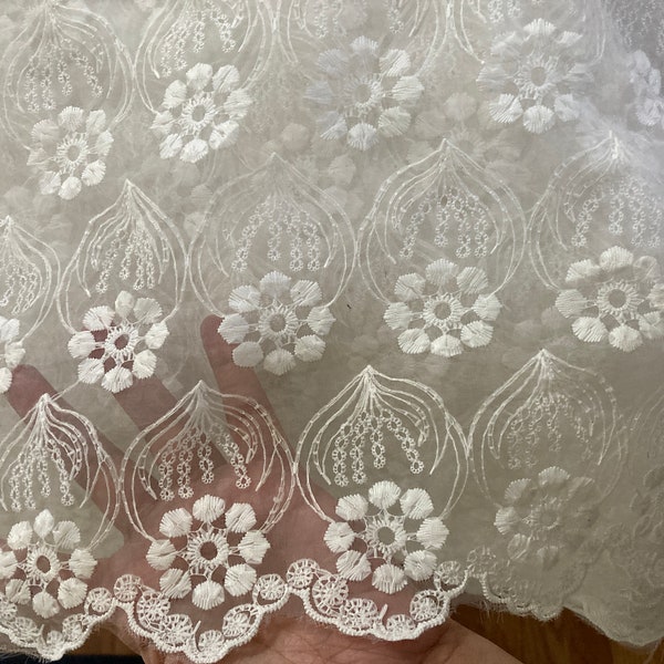 White Organza Fabric, Embroidered White Floral Motifs: Use for Wrap, Dupatta, Large Wrap Bridal Veil Chuppah Canopy