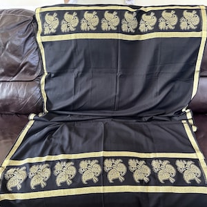 Black Wool with Woven Gold Floral Motifs Cutpiece: Use for Shawl Wrap Stole Large Size