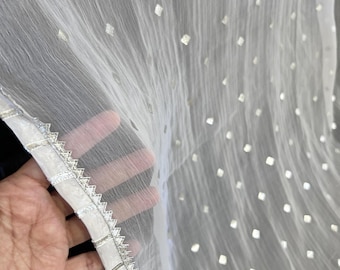 Boho 6.3x7 Fuß, Silber-Block Gedruckt Quadrate auf Weiß Chiffon, Satin Bindung Silber Spitze Krawatten Hochzeit Chuppah Huppah Baldachin Foto Hintergrund