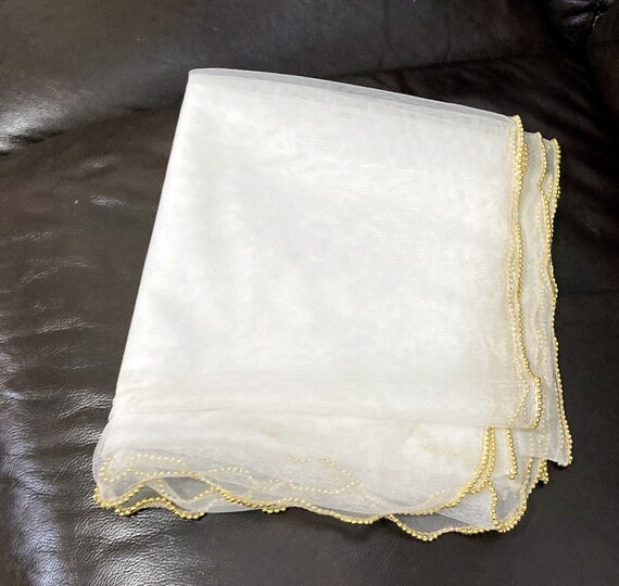 Vintage, White Soft Net with Gold Beaded Wavy Edg… - image 1