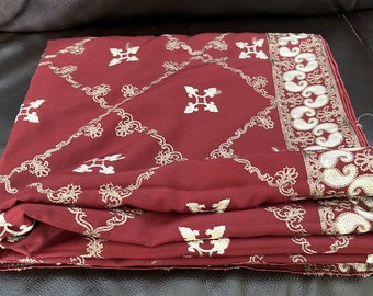 Vintage, Boho Oxblood Red With Embroidered Floral Motifs Pure Soft Fine Cotton Shawl Wrap Stole Extra Large Size