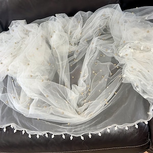 5x7.2 Feet, White with Gold Pinned Pearls Handstitched Pearl Tassel Lace with Satin Ribbon Ties Bridal Veil Chuppah Covering Wedding Canopy