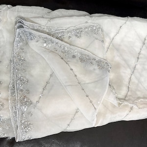 Silver Embroidery and Sequins on White, Soft, Chiffon Fabric:  Create Dupatta, Wrap, Dupatta, Bridal Veil Chuppah Canopy