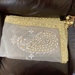 Vintage, Boho Paisley Motifs Mirrors on White , Soft, Net, Wrap Stole Scarf Bridal Veil