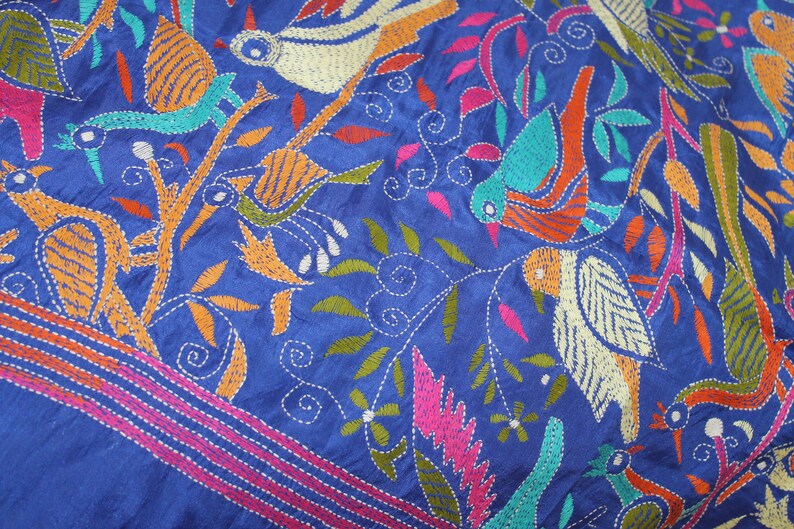 SALE Vintage, Boho, Blue Silk Blend Hand Embroidered in Flying Bird Motifs, Stole, Scarf, Wrap, Shawl, Chuppah, Extra Large, Over-sized image 8