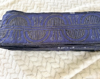 8 Yards, Midnight Blue Thick Cotton with Tone to Tone Embroidered Sequins Border Trim Embellishment