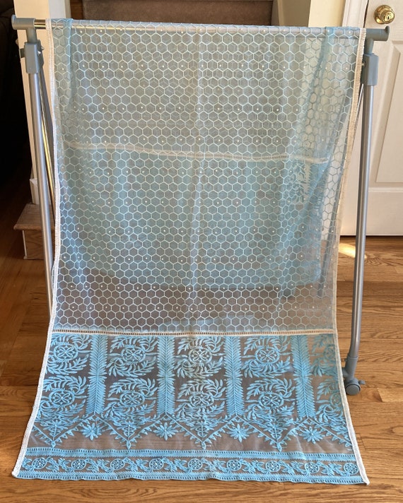 CLEARANCE Vintage, Aqua Blue Embroidered Net and … - image 2