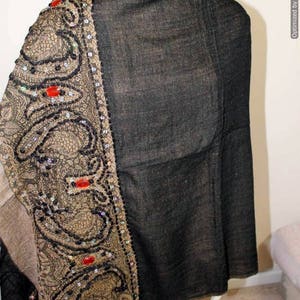 Black Pure wool, Soft Stole Shawl Wrap Muffler Wrap with Hand Sewn Beads
