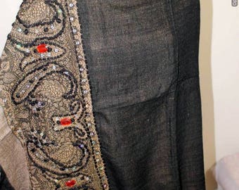 Black Pure wool, Soft Stole Shawl Wrap Muffler Wrap with Hand Sewn Beads