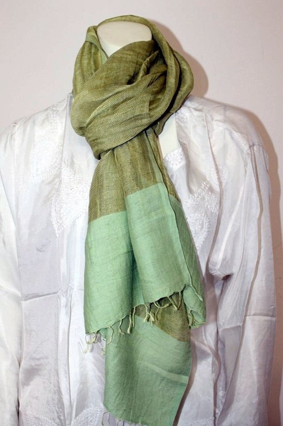 Vintage Boho Green Linen Stole Scarf Dupatta Wrap 