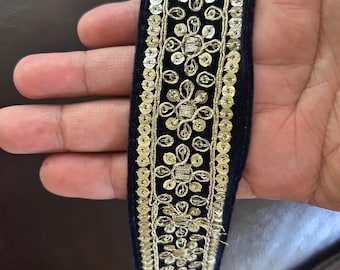 9.5 Yards, Sapphire Blue Raw Silk with Gold Embroidery and Sequins Border Trim Border Embellishment