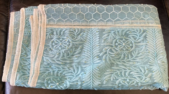 CLEARANCE Vintage, Aqua Blue Embroidered Net and … - image 9