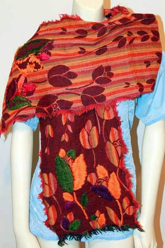 100% Pure Soft Wool Unisex Muffler, Reversible, Stole, Scarf, Hand Embroidered Leaves Motifs, Table Runner, Bed Runner Hand Knotted Fringes