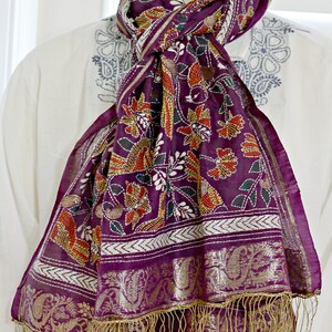 SALE Vintage, Boho, Plum, Silk, Hand Embroidered in Bird Motifs, Stole, Scarf, Wrap, Shawl with Gold Tassels