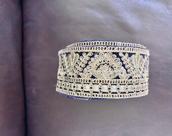 2.7 Inch x 9.5 Yards, Blue with Metallic Gold Embroidery Sequins Border Trim Embellishment