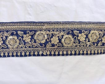 9.5 Yards, Zinc Blue Raw Silk with Gold Embroidery and Sequins Border Trim Border Embellishment