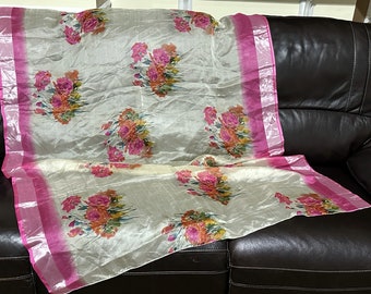 Floral Motifs Printed on Creme with Pink-Silver Shimmering Wide Border on Long Edges, Soft Organza Fabric