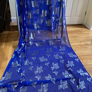 Gold Foil Woven Jacquard on Electric Blue Chiffon Fabric: Use for Making Blouse, Gown, Wrap, Dupatta, Scarf