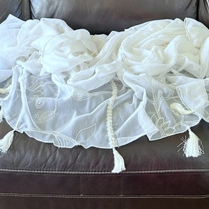 Beautiful 7x7 feet, White Embroidery on White, Soft, Chiffon, Reversible Wedding Chuppah Huppah Canopy Table Cover Photo Backdrop