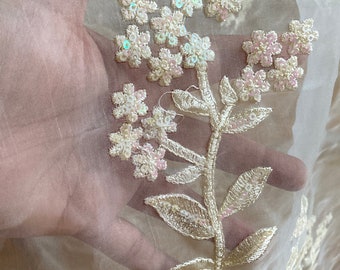 Shimmer Tissue Organza Fabric, Clear Sequins on Embroidered Baby&#39;s Breath Floral Motifs: Use for Wrap, Dupatta, Bridal Veil Chuppah Canopy