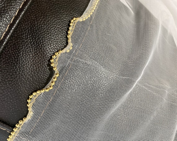 Vintage, White Soft Net with Gold Beaded Wavy Edg… - image 2