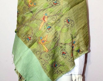 CLEARANCE Vintage Boho Green Linen Hand Embroidered with Birds on Branch Motifs Stole Scarf Dupatta Wrap Shawl Meditation Shawl Bed Runner