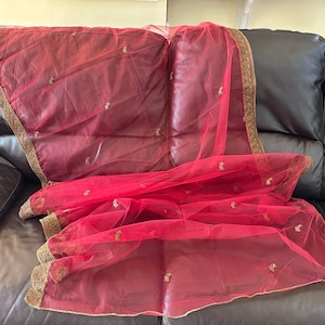 CLEARANCE Boho Red with Intricate Embroidery, Soft Net Wrap Dupatta, Large Wrap Bridal Veil Chuppah Canopy