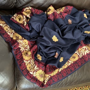 Blue, Soft Wool, Floral Embroidered, Stole Shawl Wrap Muffler Wrap with Self Woven Motifs