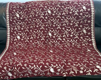 Vintage, Boho Oxblood Red With Embroidered Floral Motifs Pure Soft Fine Cotton Shawl Wrap Stole Extra Large Size