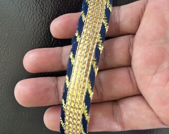 0.7 Inch x 9.5 Yards, Blue with Metallic Gold Embroidery Border Trim Embellishment