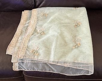 Vintage, Light Green Soft Net with Gold Embroidered Motifs and Gold Edging